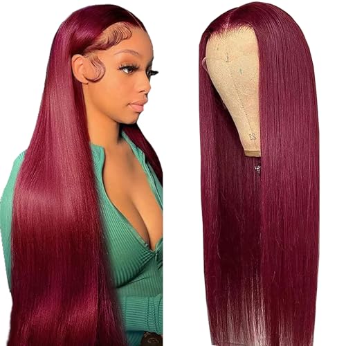 99j Burgundy Straight Wig Human Hair 13x6 Hd Lace Front Human Hair Wigs For Black Women Glueless Lace Front Wigs Pre Plucked 180% Density 22 Inch