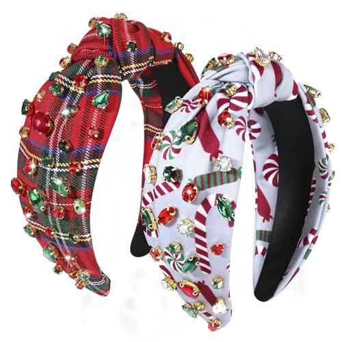 Christmas Headband for Women Holiday Accessories Decorations Xmas Tree Snowflake HoHoHo Crystal Knotted Headband Christmas Festive Headwear Party Gifts (Candy Cane Plaid)