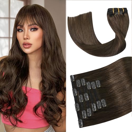 Aison Clip in Hair Extensions Real Human Hair 100G Medium Brown 100% Remy Human Hair Clip in Extensions Straight for Women 7pcs 16clips One Pack(20 Inch #4)