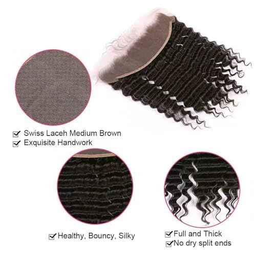13x4 HD Lace Frontal Closure Deep Wave 18 Inch Ear To Ear Frontal Free Part Closure with Baby Hair Brazilian Virgin Curly Human Hair for Women Pre Plucked Frontals Closure Natural Black