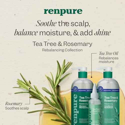 Renpure Plant Based Tea Tree and Rosemary Refresh and Rebalance Shampoo - Soothes Dry Scalp - Delivers Moisture and Shine - Rids Hair of Grime - Dye Free - Recyclable, Pump Bottle Design - 24 fl oz