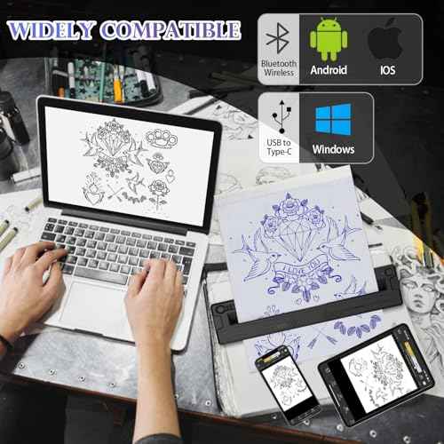 Wireless Tattoo Stencil Printer, Portable Bluetooth Thermal Tattoo Printer with App Custom-Size¡Â?A4, Print Realistic Portraits, 10 Transfer Papers Included, Works for Phone/Tablet/PC - Black