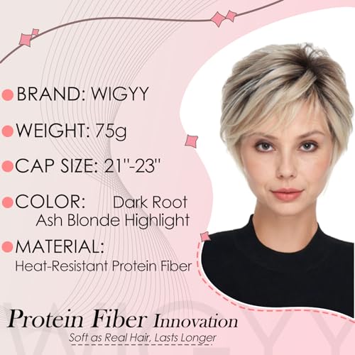 WIGYY Short Pixie Wig for White Women ? Curly Ash Blonde Wig with Dark Roots, Heat-Resistant Synthetic Wig with Bangs, Lightweight Glueless Cap for Older Women Daily Wear
