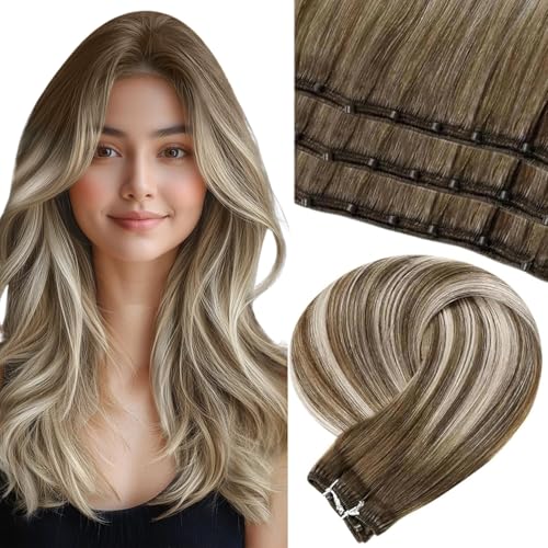 LaaVoo Beaded Weft Hair Extensions Human Hair Ombre Beaded Human Hair Extensions Ash Brown to Blonde Mix with Platinum Blonde 20incsh 50g