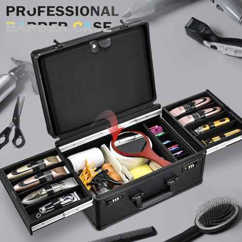 Barber Case with Clippers Sliding Tray, Profesional Barbers Briefcase Tool Case, Barber Cases for Clippers and Supplies, Hair Scissors Trimmer Organizer, Salon Grooming Hard Travel Suitcase