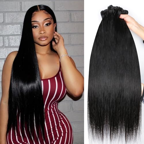 16A Straight Human Hair Bundles 100% Unprocessed Brazilian Virgin Hair, Natural Black Double Weft Extensions, Soft Remy Straight Weave 3 Bundles Deals (14 16 18 Inch)