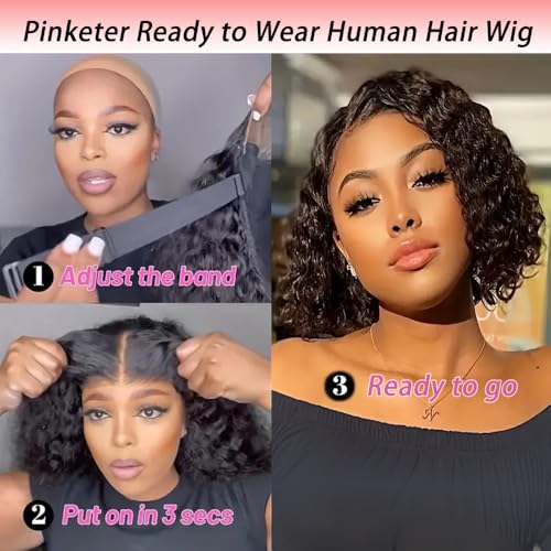Bob Wig Human Hair Deep Wave Glueless Wigs Human Hair Pre Plucked Pre Cut 4x4 Wear and Go Wig for Black Women Beginner Friendly Natural Color (Glueless Curly Wig, 16inch)