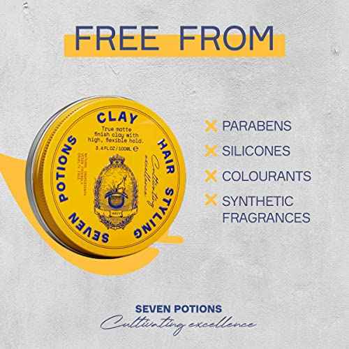 SEVEN POTIONS Hair Clay For Men and Women 3.4 fl oz - High Hold No Shine Hair Pomade For Men - Effortless Hair Styling Product That Leaves No Residue - Water Based - Natural, Vegan, Cruelty Free