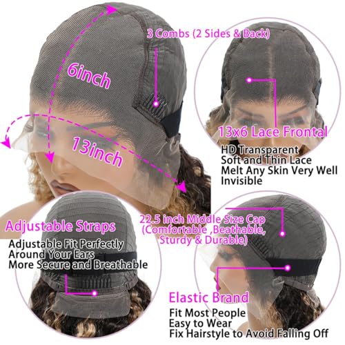 Highlight Lace Front Wig Human Hair 13x6 Deep Wave Wig Brazilian Ombre Honey Blonde Color Wig Human Hair Pre Plucked with Baby Hair Wet and Wavy Deep Curly Wigs for Black Women 180% Density (24 Inch)