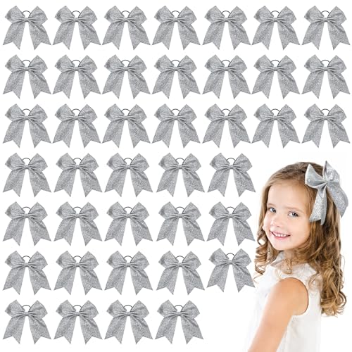 Yunsailing 40 Pcs 8 Inch Large Glitter Cheer Hair Bows Bulk, Shiny Cheerleading Bows Ponytail Holder for Cheerleader Girls Softball Sports and Christmas Tree Decor(Silver)