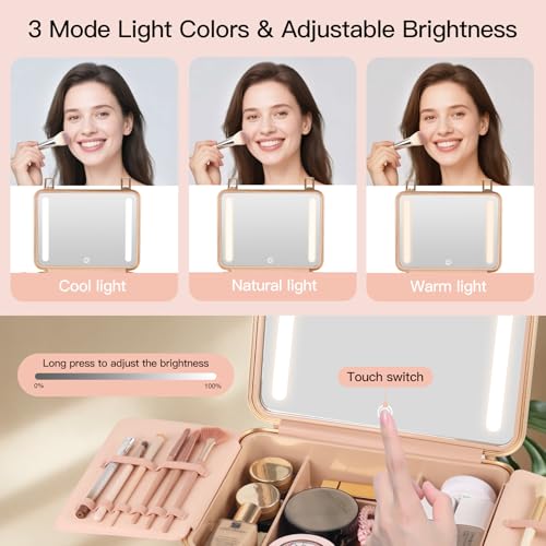 BEAUTY CASE Makeup Case with 4K LED Mirror, 12 Inch Shockproof ABS Hard Shell Cosmetic Organizer Bag, Portable Travel Vanity Box with Aluminum Frame, Snap Buckle, Gift for Women Girls, Pink