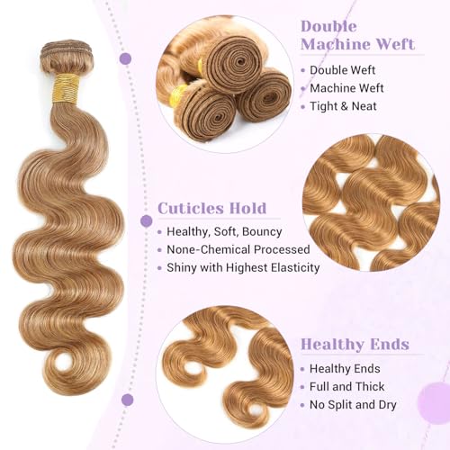 27# Honey Blonde Body Wave Bundles 100% Real Human Hair Bundles10 12 14 Inch For Quick Weave Double Weft Can Be Dyed and Restyled