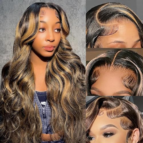 Ombre Lace Front Wig Human Hair Pre Plucked 24 Inch Body Wave 1B/27 Highlight Lace Front Wig Human Hair 180% Density Colored 13x4 HD Lace Frontal Glueless Wigs For Black Women
