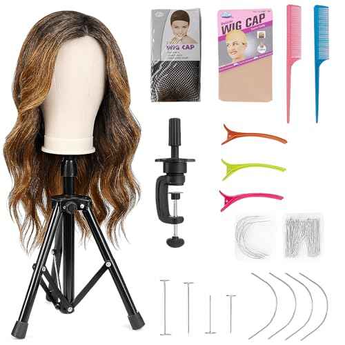 Wig Stand with Head, Adjustable Wig Head Stand, Canvas Wig Head Stand with Mannequin Head with Clamp Stand, Manikin Head Set for Wigs Cosmetology