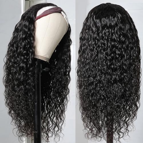 haha Water Wave Headband Wig Human Hair Curly Headband Wigs None Lace Front Wig Wet and Wavy Brazilian Virgin Human Hair Wear and Go Glueless Wig For Women Natural Black 150% Density 24 Inch
