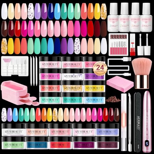 AZUREBEAUTY Dip Powder Nail Kit with Electric Nail Drill 24 Colors Spring Summer Blue Purple Nail Starter Kit with Dip Liquids Base Top Coat Activator Portable Manicure French Nail Art Essential Set