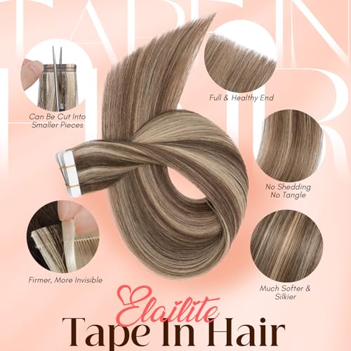 Elailite Tape in Hair Extensions Human Hair Thick Real Remy Hairpieces Medium Brown & Dark Blonde 20 Inch 50g 20pcs Straight Invisible Seamless Skin Weft Best Tape for Women