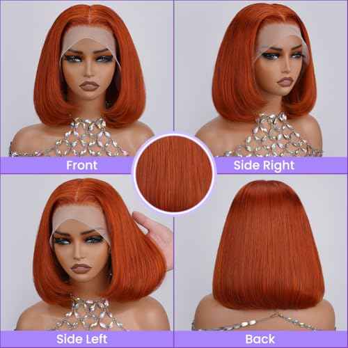 #350 Ginger Bob Lace Front Wig Human Hair 13x4 HD Transparent Lace Frontal Wigs Pre Plucked Short Straight Bob Wig for Black Women with Baby Hair 180% Density Brazilian Orange Ginger Wig 8 Inch