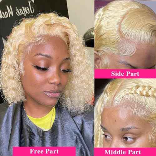 613 13x6 Lace Front Wigs Human Hair Blonde Bob Human Hair Wigs Short Curly Bob Wigs for Black Woman Glueless 613 Frontal Wigs Pre Plucked With Baby Hair 180% Density (10 Inch)