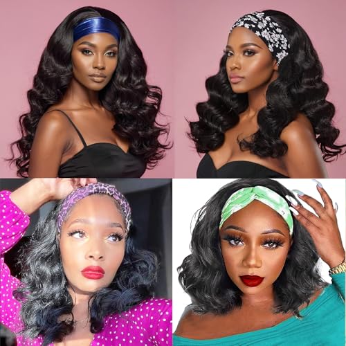 JCL Headband Wig Human Hair Body Wave Headband Wigs Human Hair Wig 14 Inch Human Hair Curly Wigs for Black Women Natural Color None Lace Front Wigs