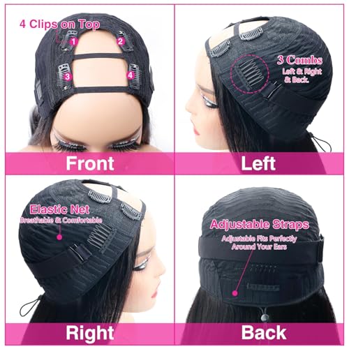 200% Density U Part Human Hair Wigs, Upgrade U Part Wigs With Drawstring No Glues Straight Human Hair Full Head Clip In Half U Shape Wigs For Women, Beginner Friendly,Natural Black Color(16 inch)