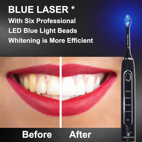 CERA TOUCH 6 Blue LED Whitening Electric Toothbrush| Electric Toothbrush for Adults | 4 Modes With Smart Timer Plaque Removal & Memory Function | 2Heads | IPX7 Waterproof |Travel Case |WirelessCharger