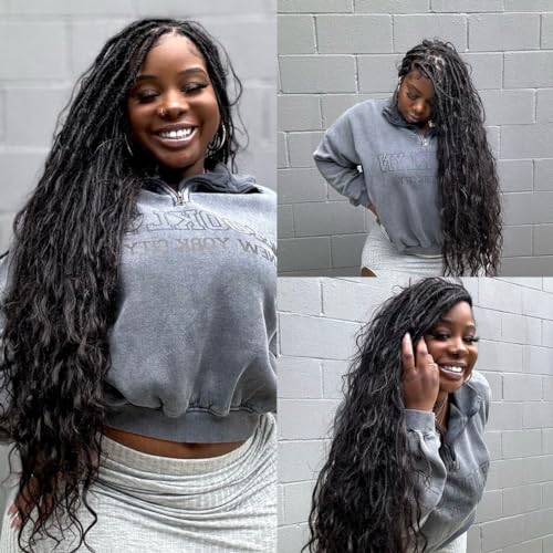 Pre-looped Crochet Boho Faux Locs with Human Hair body wave Ends Boho Hair Braids Goddess Dreadlocks Hair for Black Women Natural Color 18 Inch (Pack of 1)
