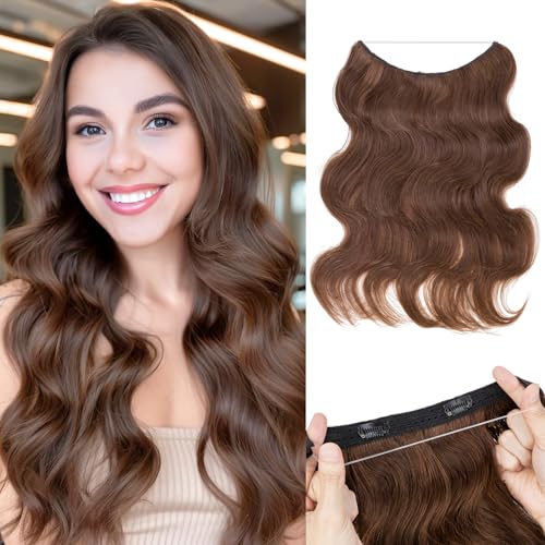 Halo Hair Extensions Real Human Hair Wavy Invisible Wire Hairpiece Adjustable One Piece With 2 Secure Clips For Women to Add Length,16 Inch 04 Chocolate Brown,65g