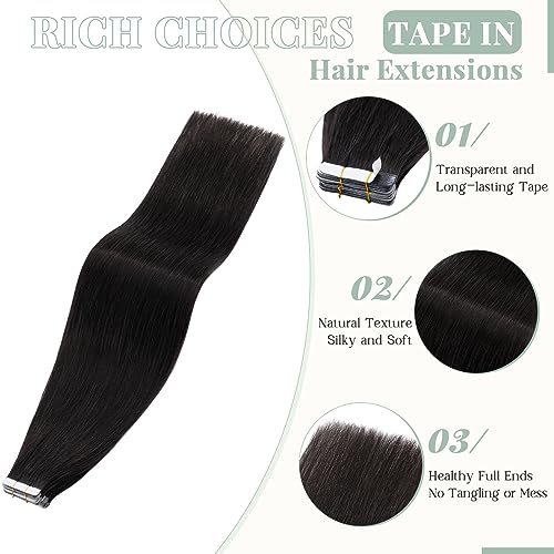 Rich Choices Tape in Hair Extensions Human Hair, 40pcs 100g 100% Remy Tape Hair Extensions Real Human Hair,Seamless Balayage Skin Weft Tape in Hair Extension 22 Inch #1B Natural Black