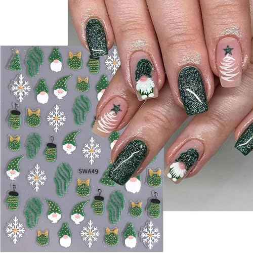 8Sheets Christmas Nail Stickers, Winter Nail Decals 3D Self-Adhesive Red Green Snowflake Bell Xmas Tree Reindeer Winter Nail Design Holiday Nail Art Decoration for Women Girls