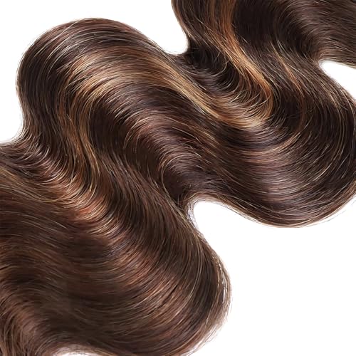 P430 Highlight Body Wave Bundles 20 22 24 Inch Human Hair Chocolate Brown and Brown Bundles Mix Two Tone Double Weft Weave Brazilian Human Hair Extensions Silky and Soft