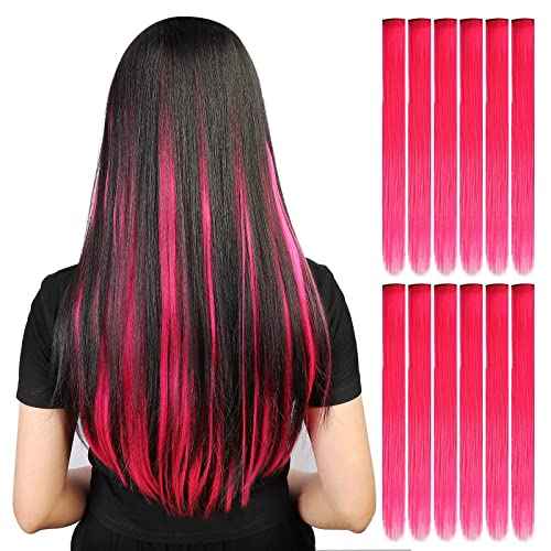 YaFex 12 Pcs Clip in Hair Extensions, 22 Inch Colored Hair Extensions Party Highlights Long Straight Synthetic Hairpieces for Women Kids Girls (Hot Pink)