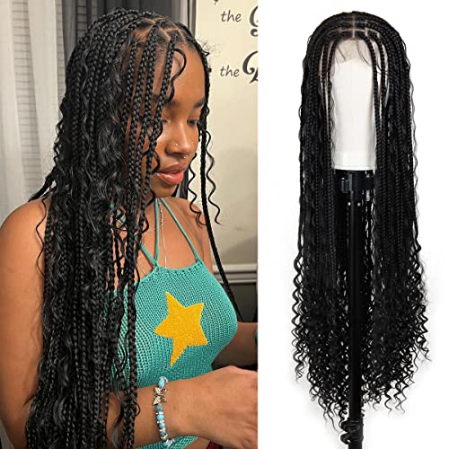 Boho Braided Wigs for Black Women, 36 inch Knotless Full Lace Boho Box Braid Wig, Bohemian Curly Ended Double Full Lace Goddess Braided Wig