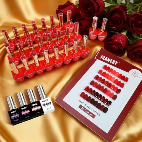 FZANEST 30pcs 12ml Red Gel Nail Polish Set TPO & Hema-free, Cherry Blood Bright Red Orange With Top Coat Base Builder Gel Nail Glue Soak Off Gel Polish Kit For Nail Salon Home Gifts for Women