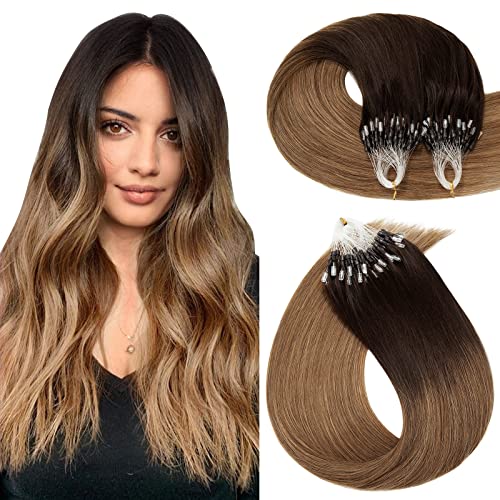 Hairro Microlinks Hair Extensions Real Human Hair Micro Ring Beads Remy Hair Extension Cold Fusion I Tip Loop Stick Hairpiece For Women 22 inch 50g 100 Strands #2T6 Dark Brown Ombre Light Brown