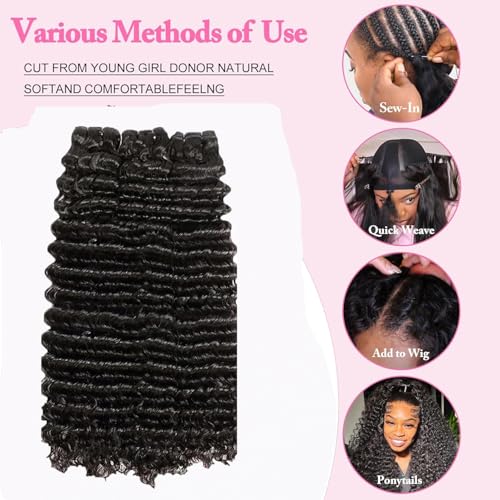 Deep Wave Human Hair Bundles 12A 18 20 22 Inch, 3 Bundle 100% Unprocessed Virgin Brazilian Human Hair Extensions Quick Weave Natural Black, Can be Dyed