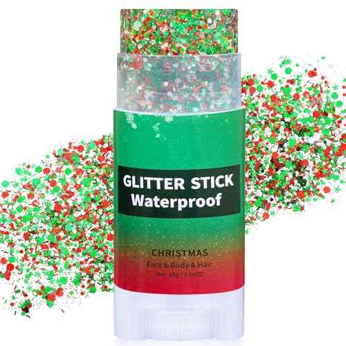 Christmas Hair Glitter Stick,Green Red Face Body Glitter for Kids,Waterproof Christmas Outfits for Women, Stocking Stuffers Sparkling Festival Party Gift for Women Girls,Chunky Glitter Makeup