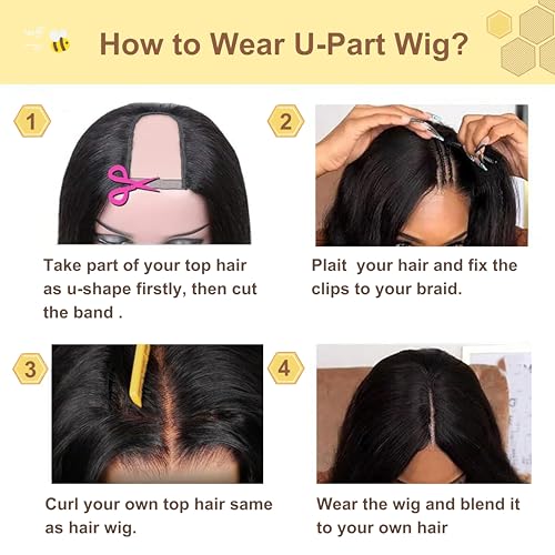 U Part Human Hair Wig Body Wave1B/30 U Part Wig Human Hair for Black Women Glueless Wigs Natural Hair Wig Beginner Friendly Middle Part 180% Density 20inch