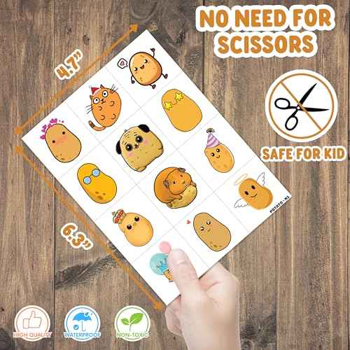 96PCS Potato Pre-cut Temporary Tattoos 8 Sheets Sweet Potato Party Decorations Supplies Favors Chip Potato Theme Birthday Cute Stickers Christmas Gifts for Boys Girls Class School Prizes Carnival