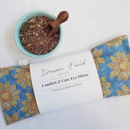 Eye Pillow with Flaxseed, Eucalyptus & Mint, Small Heat and Cold Therapy Pad, Caregiver Gift, Eco-Friendly Ingredients, Microwavable Sinus and Headache Mask - Blue Vintage Floral