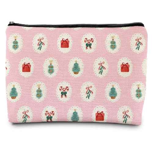 Pink Red and Green Christmas Makeup Bag, Christmas Mistletoe Candy Canes Cosmetic Bags for Women, Preppy Xmas Holiday Zipper Makeup Pouch Travel Toiletry Bag