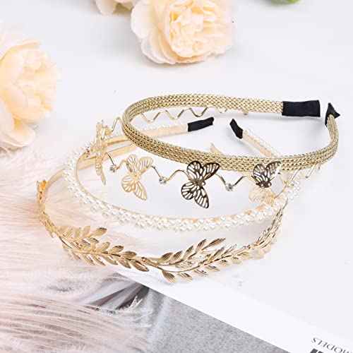WOVOWOVO Pearl Headbands for Women 8 Pack, White Faux Pearls Hairband Gold Metal Headband Butterfly Flower Hairbands, Bridal Hair Hoop Party Wedding Hair Accessories for Girls