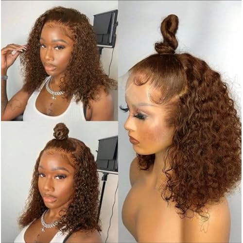 14 Inch 13x4 Chocolate Brown Lace Front Wigs Human Hair HD 4# Colored Kinky Curly Bob Dark Brown Wig Human Hair Pre Plucked for Black Women 180% Density