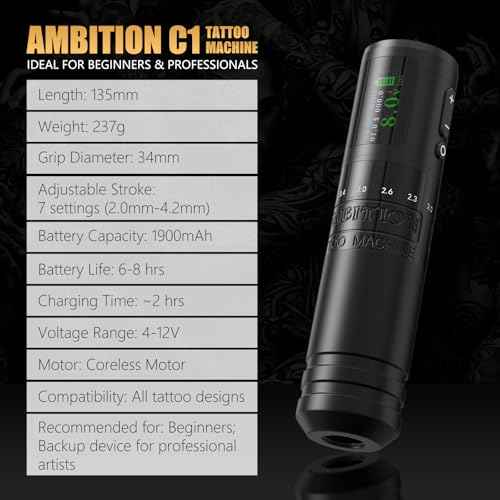Ambition C1 Tattoo Kit, Cordless Complete Tattoo Gun Kit Pen Machine for Beginners, 7 Adjustable Strokes Rotary Tattoo Supply with Dual 1900 mAh Battery 40pcs Glory Cartridge Needles Set for Starter