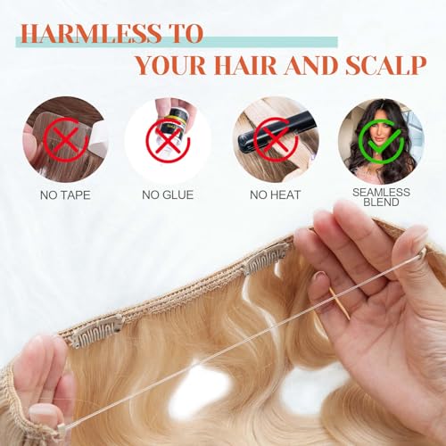 Halo Hair Extensions, Benehair Halo Blonde Hair Extensions for Women, 100% Human Hair Invisible Wire Hair Extensions for Adding Volume, 18 Inch Halo Extensions #60 Platinum Blonde 65g