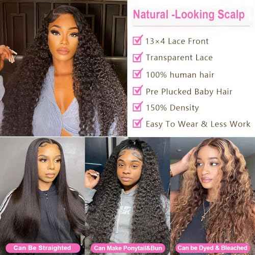 13x4 HD Lace Frontal Closure Deep Wave 18 Inch Ear To Ear Frontal Free Part Closure with Baby Hair Brazilian Virgin Curly Human Hair for Women Pre Plucked Frontals Closure Natural Black