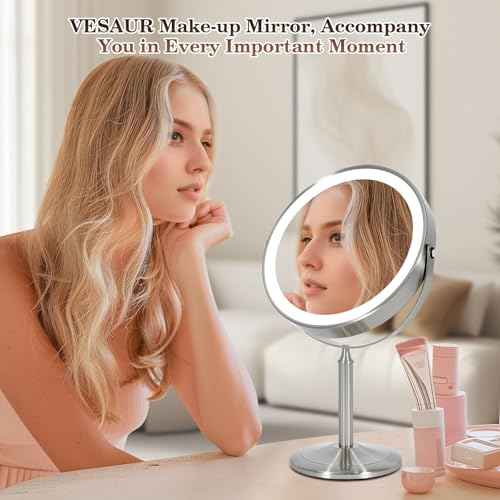 VESAUR 15X Magnifying Mirror with Light, 9.5 Large 5000mAh Rechargeable Double Sided HD Lighted Makeup Mirror with 3 Touch Dimmable Light, 360¡Æ Swivel Detachable for Travel Vanity Mirror Nickel, Gifts