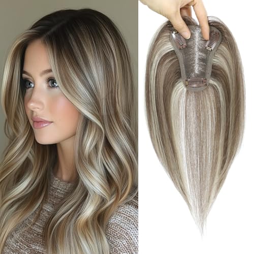 Hair Toppers for Women Upgrade Swiss Lace Base Hair Topper 10inch Hairpieces for Women with Hairloss (Ombre Medium Brown with Blond Highlight)