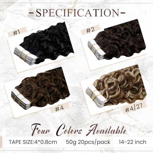 Hetto Curly Tape in Hair Extensions Human Hair Curly Black Tape in Hair Extensions Real Human Hair Tape in Extensions Natural Curly Black Hair Extensions Invisible 20 Inch 20Pcs 50g #1 NW
