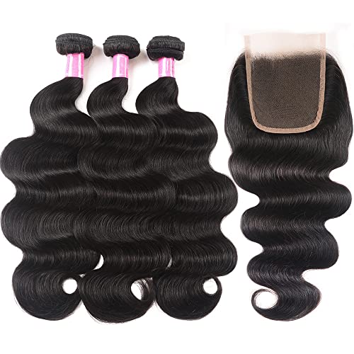 YISEA Body Wave 3 Bundles with Closure(12 14 16+10) 100% Unprocessed Brazilian Body Wave Human Hair Bundles with 4X4 Lace Closure Free Part Natural Color